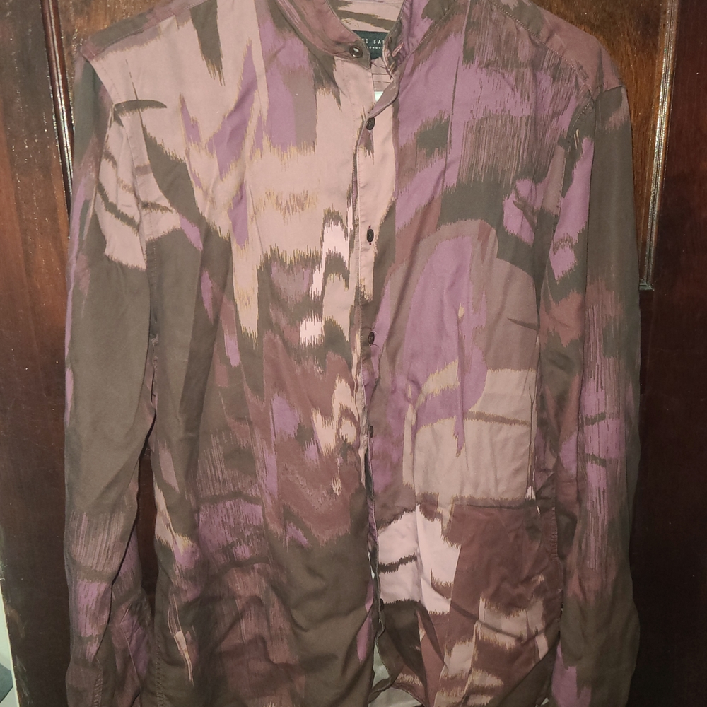 Ted Baker Abstract Maroon Burgundy Shirt AOP Mandarin Collar